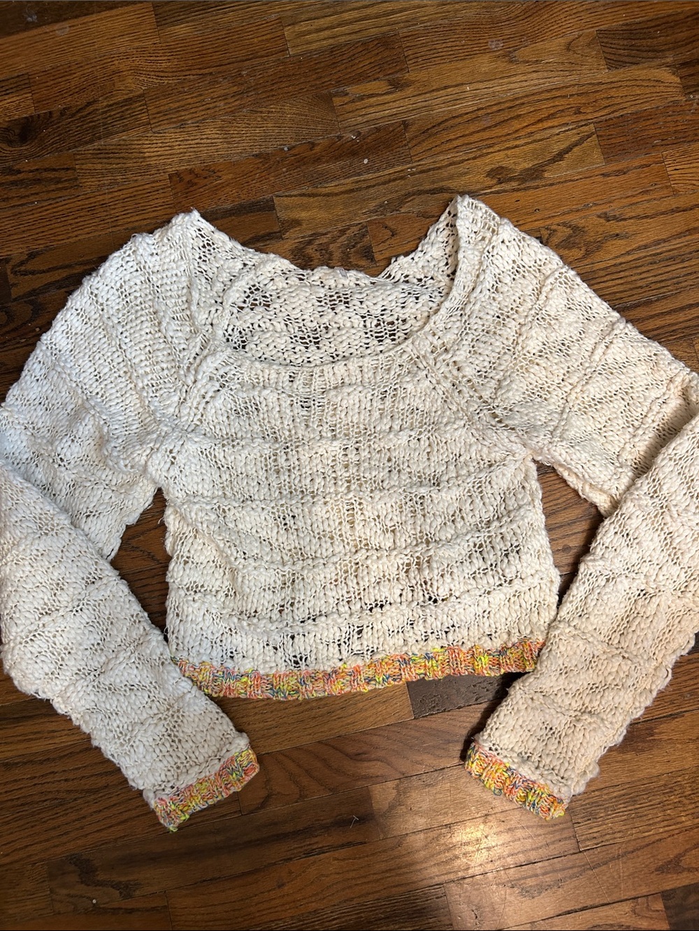 Free People Cream Open-Knit Cropped Sweater with Multicolor Trim